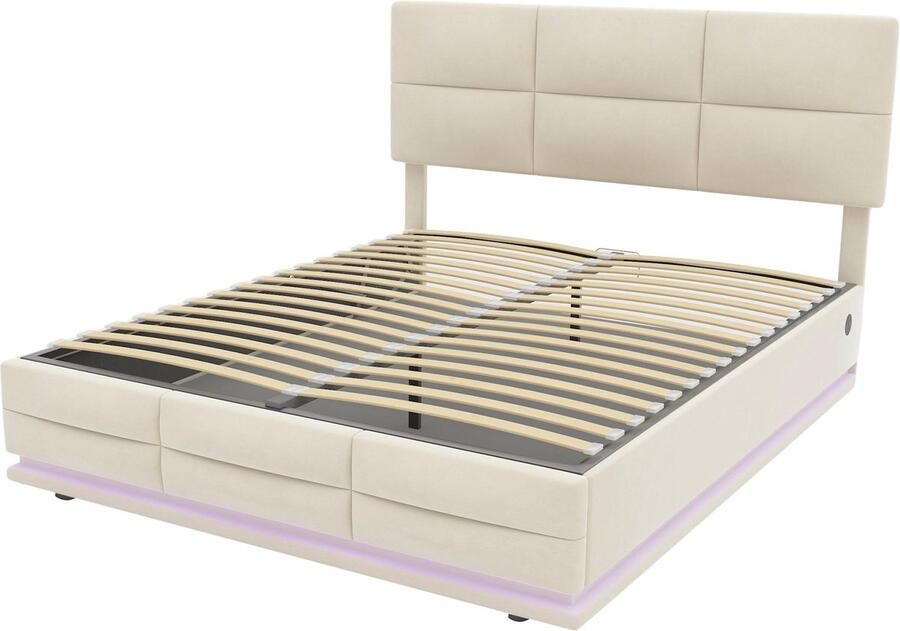 Merax groot hydraulisch bed 140x200 cm – beige fluwelen bed met LED-verlichting USB-oplader en ruime opbergruimte – ruimtebesparend voor slaapkamer en appartement