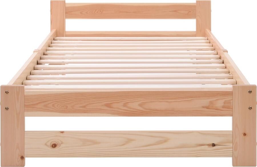 Merax Massief Houten Bed 90x200 cm – Eenpersoonsbed met Hoofdbord en Lattenbodem – Naturel Hout - Foto 2