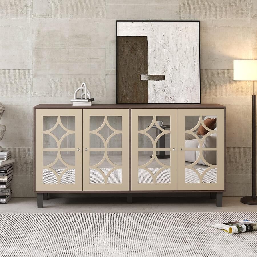 Merax Spiegel dressoir met koele kristallen handgrepen 4 deuren met afneembaar laminaat 160 x 40 x 85 cm