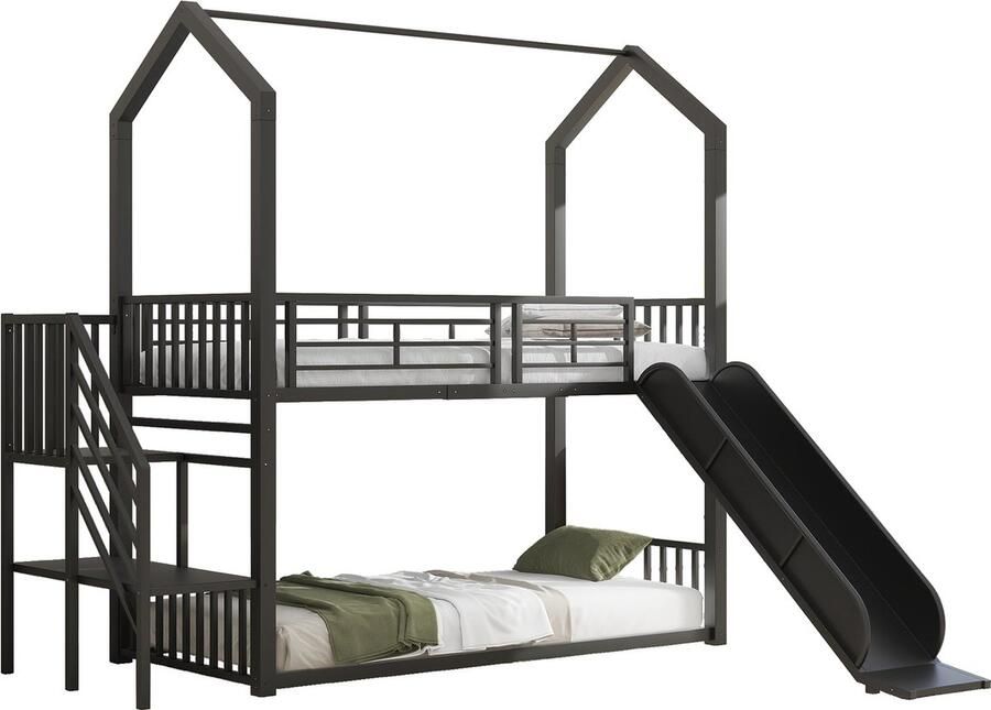 Merax Stalen Hoogslaper 90x200 cm met Glijbaan en Trap Huisvormig Design Zwart Inclusief Lattenbodem (Exclusief Matras)