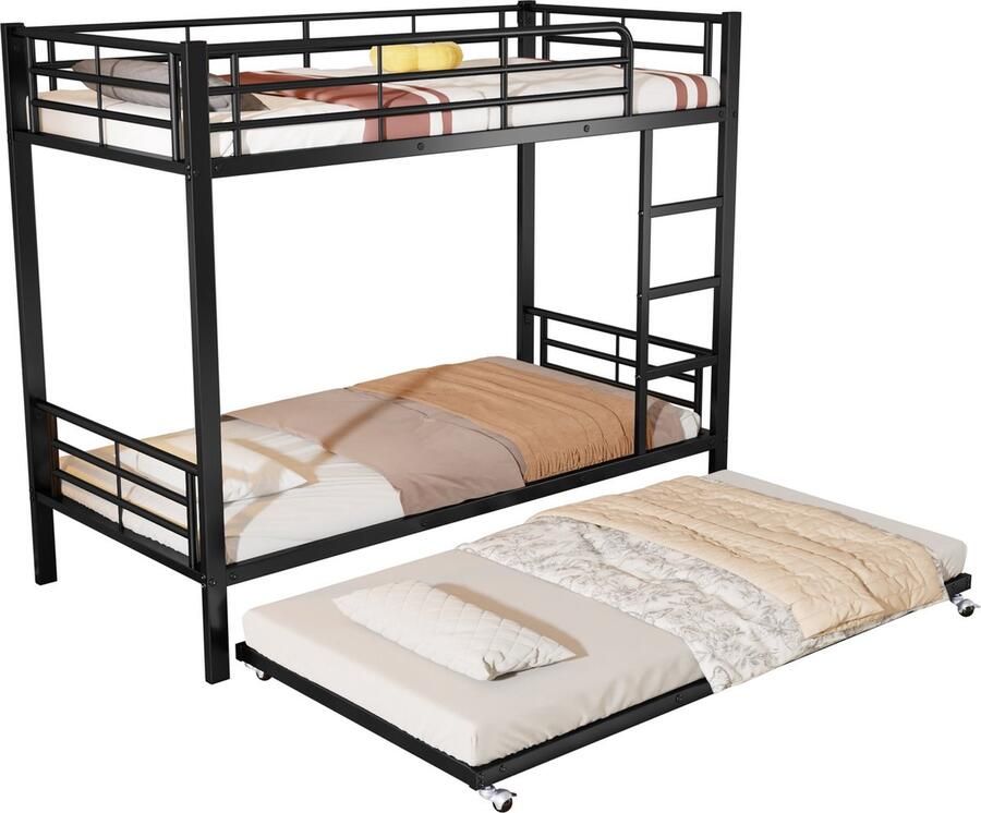 Merax Stalen Stapelbed met Uittrekbed Geschikt voor Kinderen en Tieners 90x200cm & 90x190cm Zwart