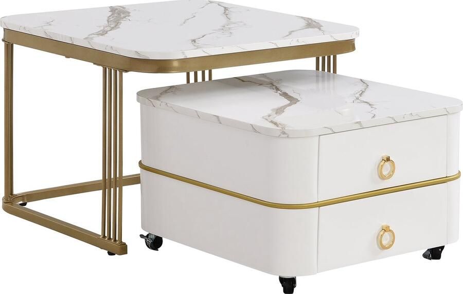 Merax Stapelbare Salontafel met Hoogglans Marmeroptiek en Gouden Accenten Set van 2 Bijzettafels met Lades Wit met Goud