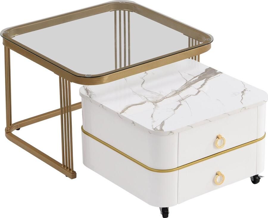 Merax Stapelbare Salontafel Set van 2 Hoogglans Marmerlook en Glazen Blad met Gouden Accenten 2-Delig Tafel Set met Schuifladen Wit met Goud
