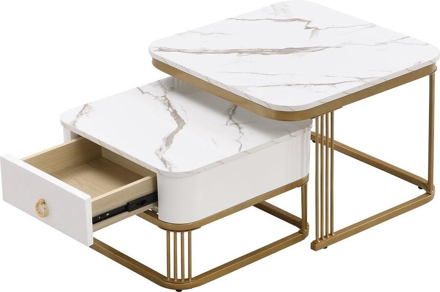 Merax Stapelbare Salontafel Set van 2 Bijzettafel in Hoogglans Marmerlook met Gouden Poten Salontafels met Lade Wit met Goud