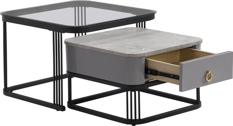Merax Stapelbare Salontafel Set van 2 Salontafels in Hoogglans Marmerlook met Glasplaat Bijzettafel met Lade Grijs met Zwart