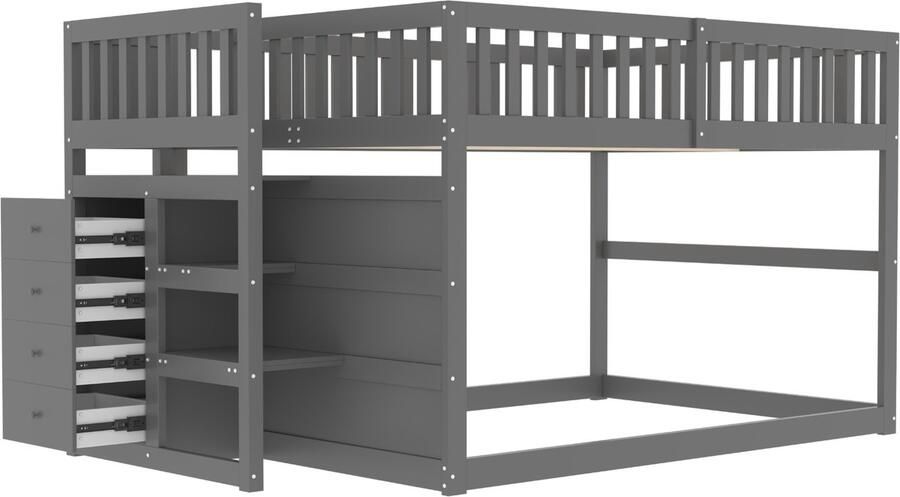 Merax Stapelbed 140 x 200 cm veiligheidsstapelbed met opbergvak hoog hekontwerp houten bed grijs zonder matras