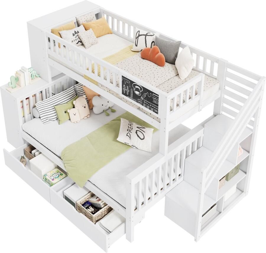 Merax Huisbed Kinderbed Wit Etagenbed 140x200 cm & 90x200 cm Inclusief Graffiti-Bord Trap Opbergruimte en Lade Multifunctioneel Ontwerp (Zonder Matras)