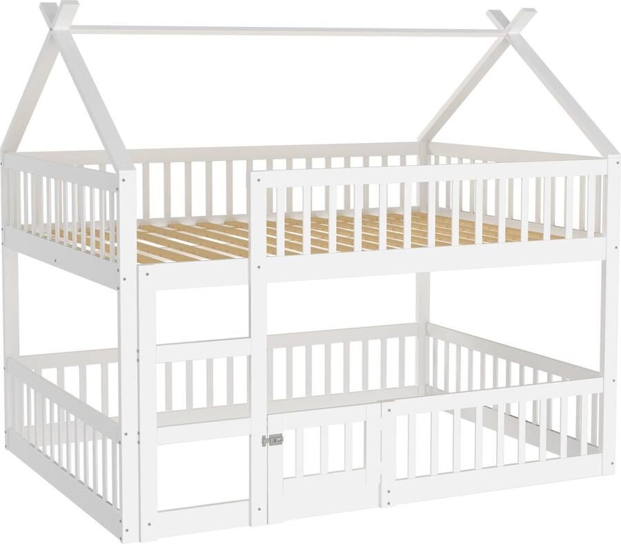 Merax Stapelbed 140x200 cm Kinder-Familiebed met Trappen Loft Design Massief Houten Bedframe Wit