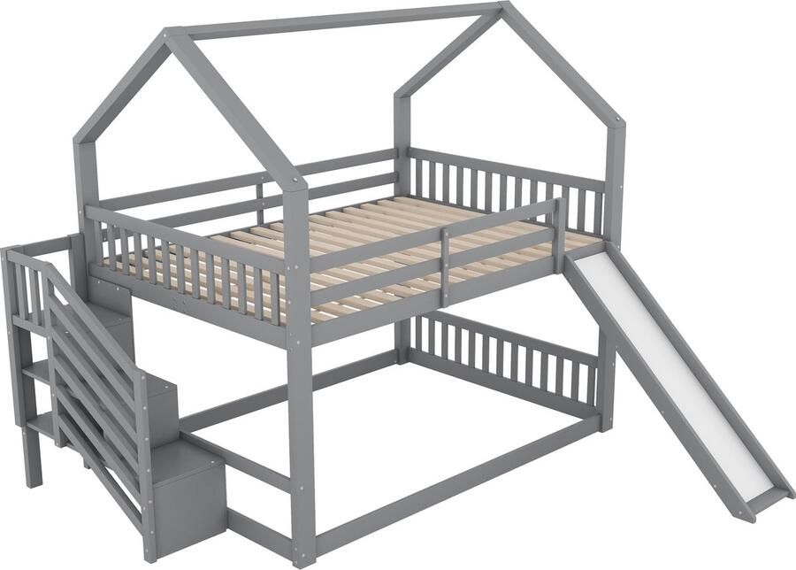 Merax Stapelbed 140x200 cm met Opbergtreden en Glijbaan Huisbed met Hekjes Kinderbed voor Kinderen en Tieners Grijs