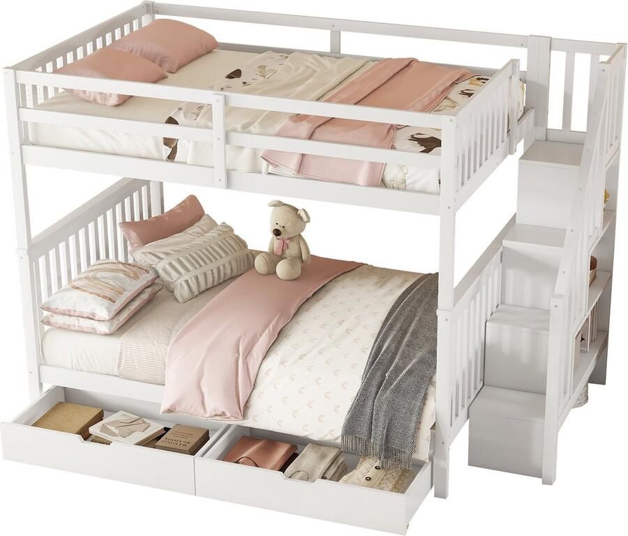 Merax Stapelbed 140x200 cm Met Treppenregal Twee Schubladen Hoge Gelender EN747-1 Gecertificeerd Wit