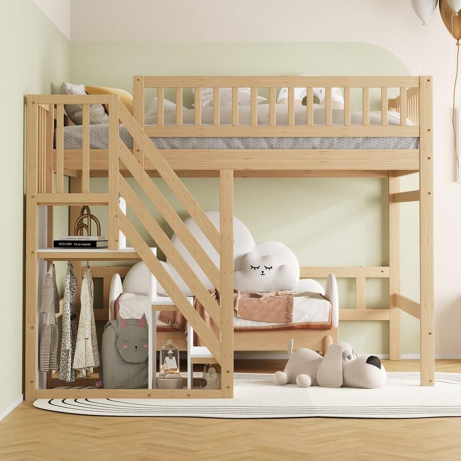 Merax Stapelbed 140x200 cm met trap met opbergkast hoge reling kinderbed houtkleur zonder matras