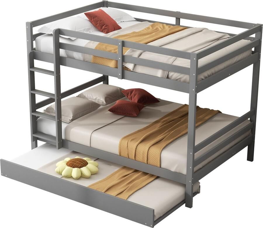 Merax Stapelbed 140x200 cm voor 3 Personen met Trap en Uitvalbeveiliging – Kinderbed met Extra Uitschuifbaar Bed 90x190 cm – Massief Hout en MDF – Grijs