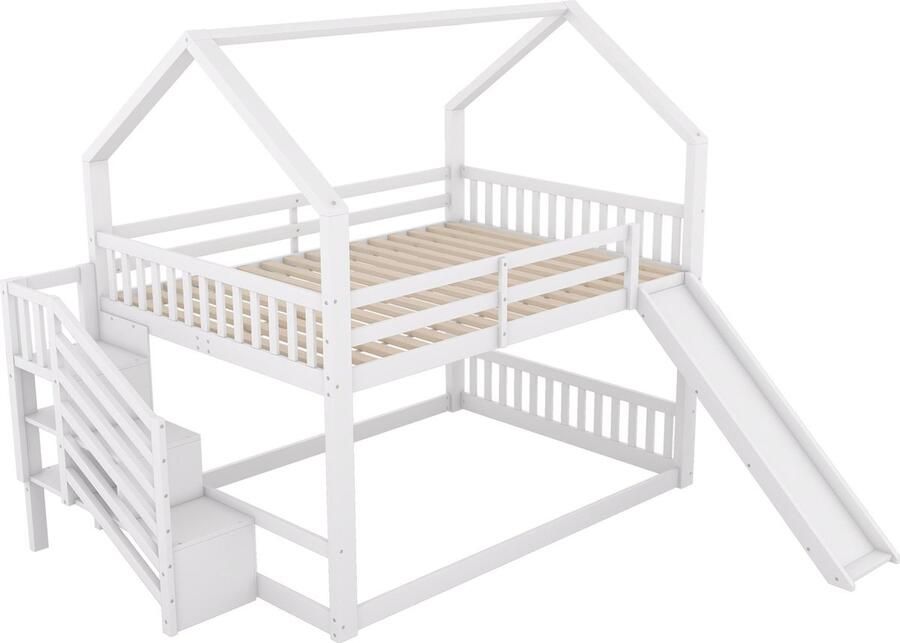 Merax 140x200 cm Etagenbed met Opbergtreden en Glijbaan Huisbed Kinderbed met Leuning Geschikt voor Kinderen en Tieners Wit