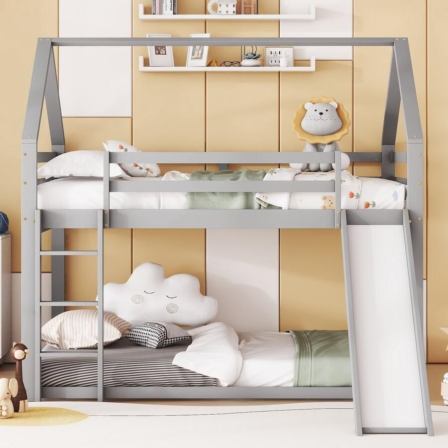 Merax Stapelbed 140x200cm kinderbed huisbed hoogslaper met glijbaan en ladder grijs zonder matras