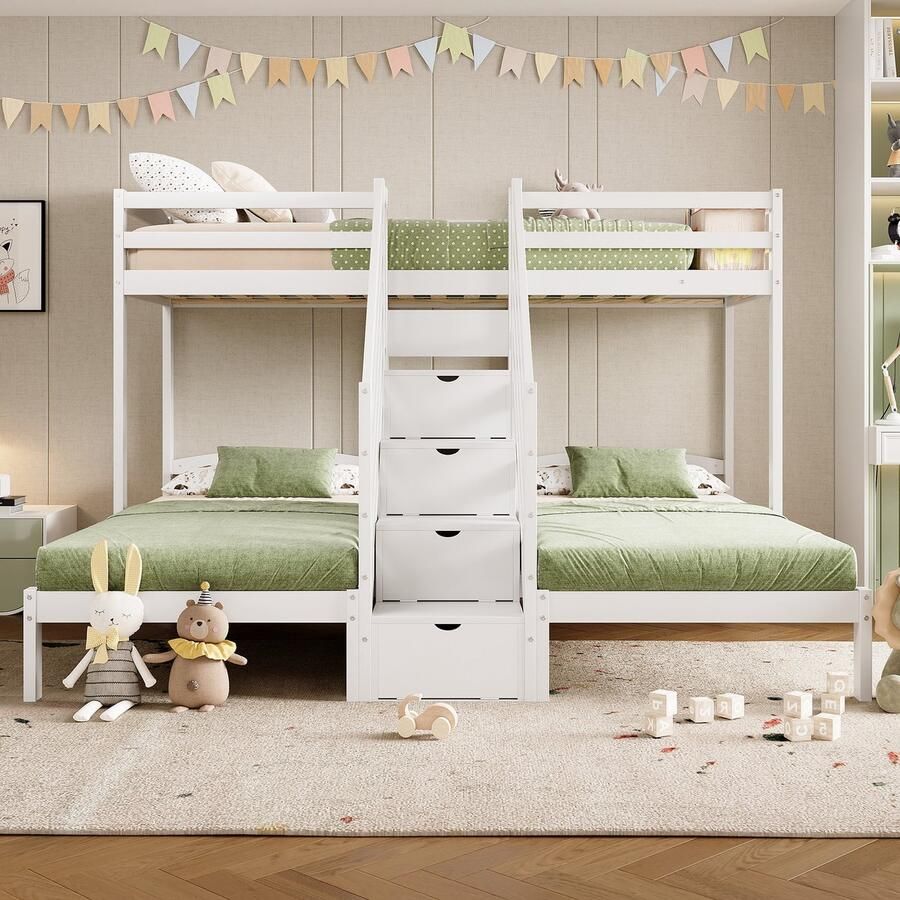 Merax Stapelbed 90 x 200 cm 3 slaapplaatsen grenen Opbergladder met lades leuning zonder matras wit