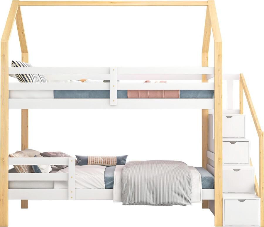 Merax Stapelbed 90 x 200 cm Hoogslaper Met Uitvalbeveiliging Kinderbed met Opbergruimte en Trap Wit met Naturel Hout Bruin