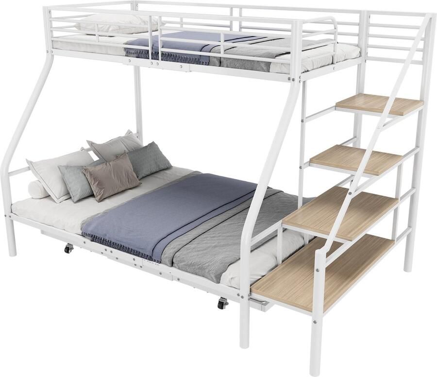Merax Stapelbed 90 x 200 cm Metaal Bedframe Bunkbed met Uitklapbed en Opslagladder Geschikt voor Kinderen Tieners en Volwassenen Wit