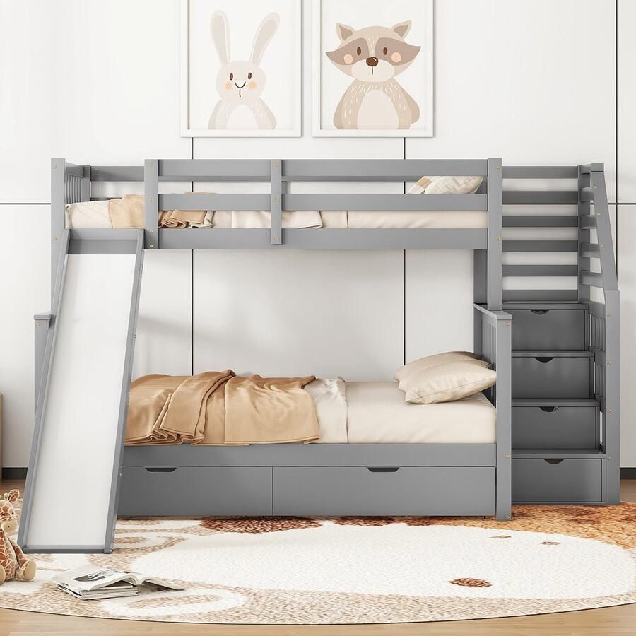 Merax Stapelbed 90 x 200cm en 140 x 200cm Met lades Opbergen en schuiven Multifunctioneel Grijs zonder matras