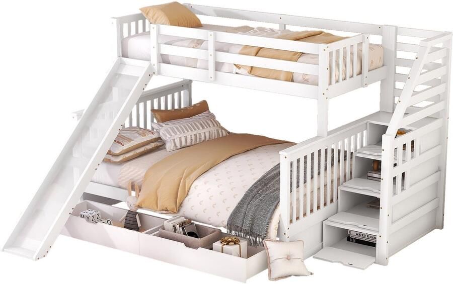 Merax Stapelbed 90 x 200cm en 140 x 200cm Met lades Opbergen en schuiven Multifunctioneel Wit zonder matras