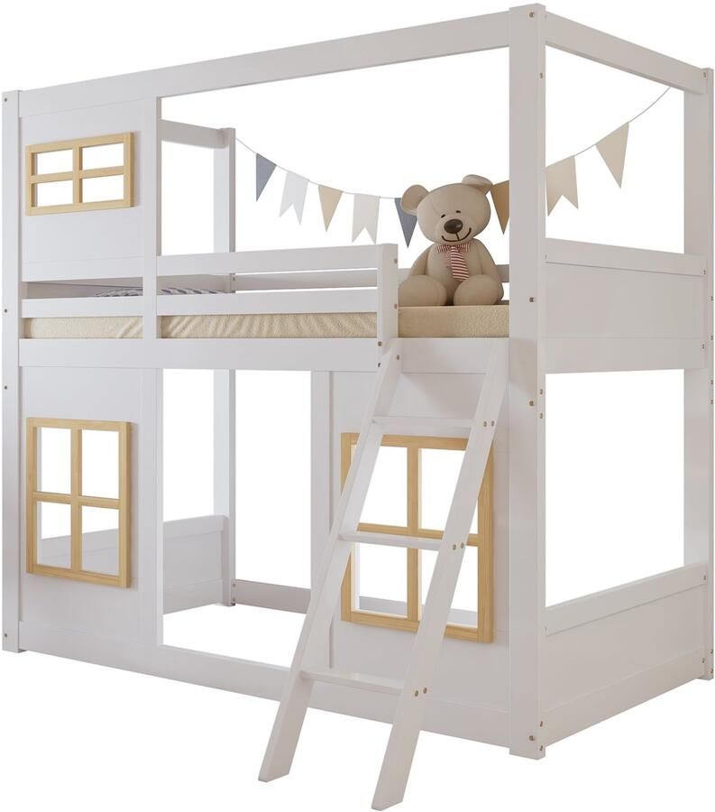 Merax Stapelbed 90×200 cm – Kinderbed met Ramen – Houten Stapelbed met Veilige Trittleiter en Vierzijdige Omheining – Wit Naturel – Zonder Matras