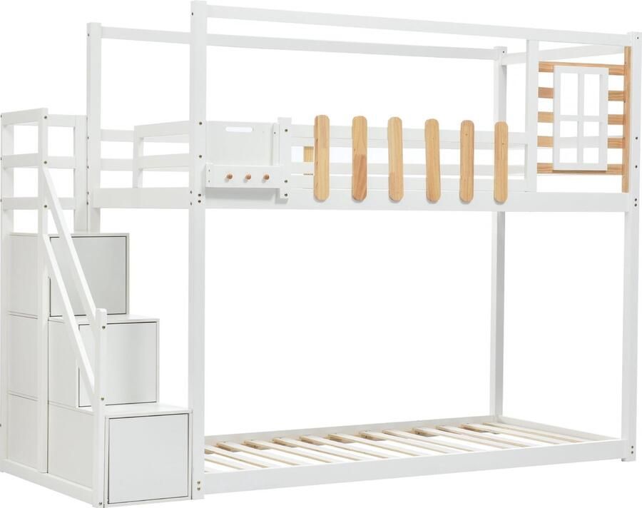 Merax Stapelbed 90x200 cm Bed met Raam en Opbergkasten – Kinderbed van Massief Hout met Beveiligingshekken Wit