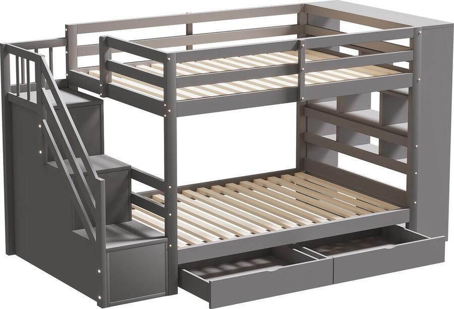 Merax Stapelbed 90x200 cm Bed met Veiligheidstrap en Opbergruimte Hoogslaper Kinderbed met Lades Grijs