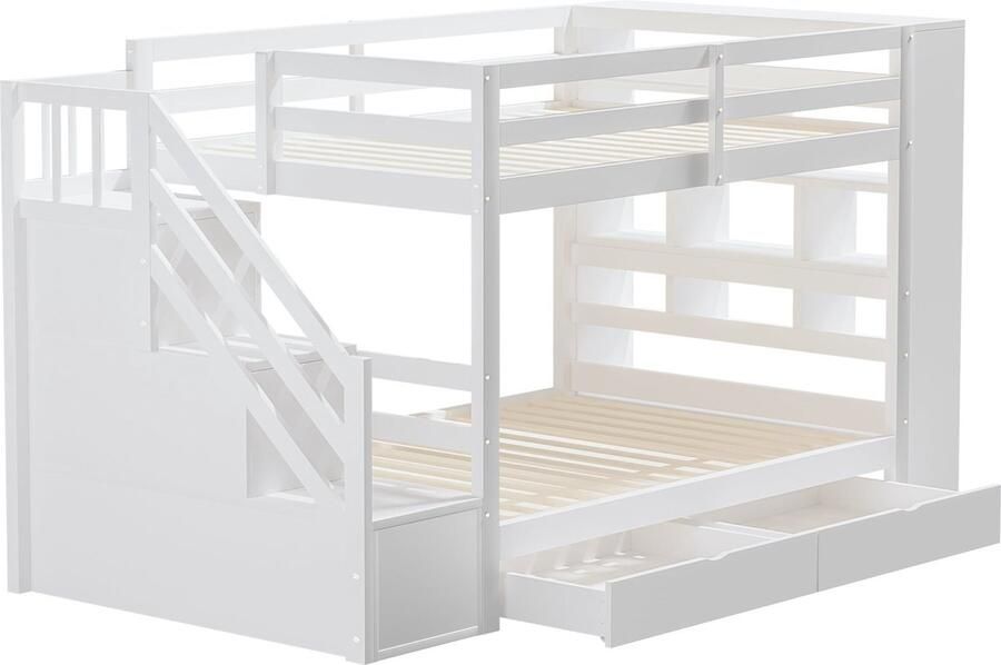 Merax Stapelbed 90x200 cm Bed met Veiligheidstrap en Opbergruimte Hoogslaper Kinderbed met Lades Wit