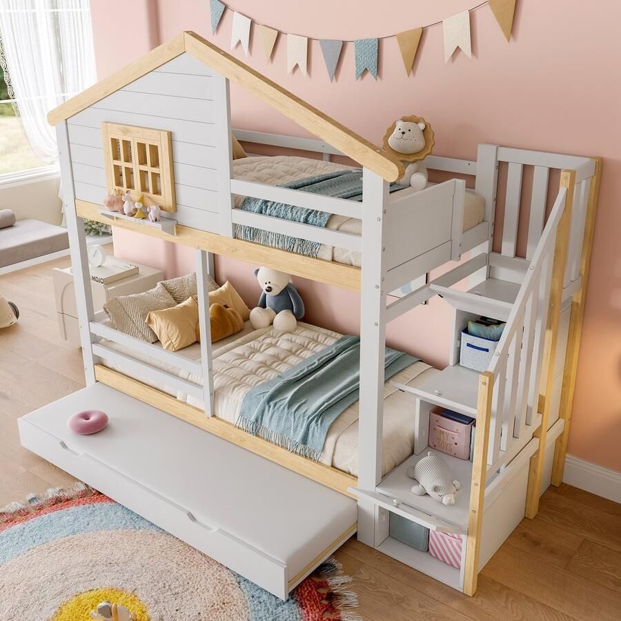 Merax Stapelbed 90x200 cm bedhek uitschuifbaar bed opbergtrap raam plint wit naturel matras niet inbegrepen