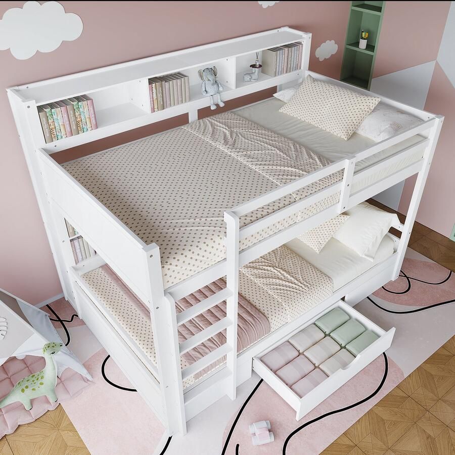 Merax Stapelbed 90x200 cm eenpersoonsbed kinderbed met laden en opbergruimte zonder matras wit