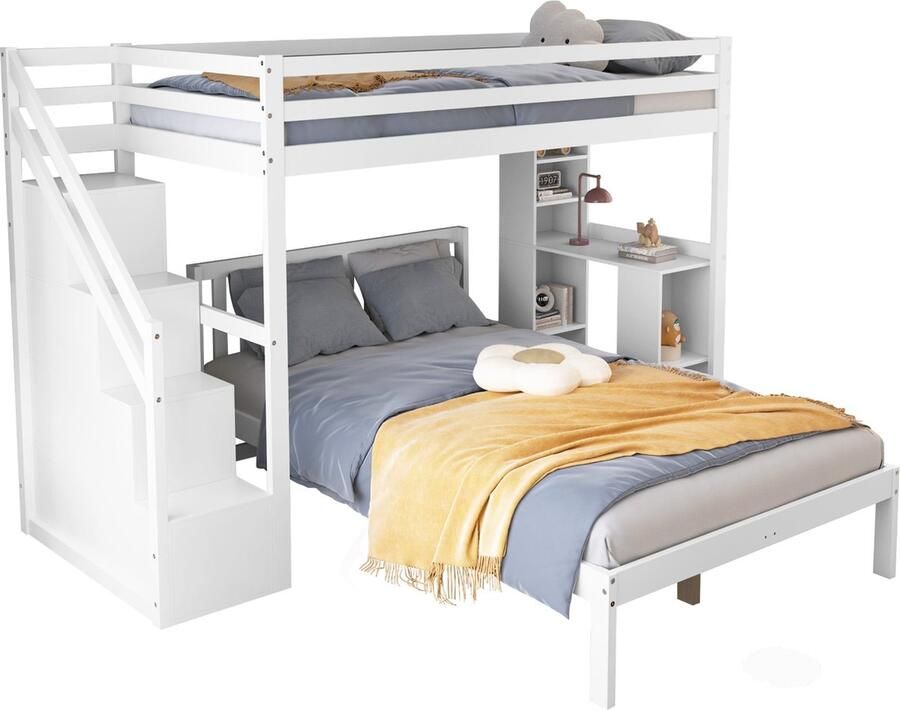 Merax Stapelbed 90x200 cm + 120x200 cm – Multifunctioneel Kinderbed met Opberglades en Trap Groot Opbergruimte Zonder Matras Massief Hout + MDF Wit