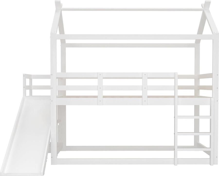 Merax Stapelbed 90x200 cm Hoogslaper Kinderbed met Glijbaan en Opbergruimte Massief Houten Bedframe met Uitvalbeveiliging Wit