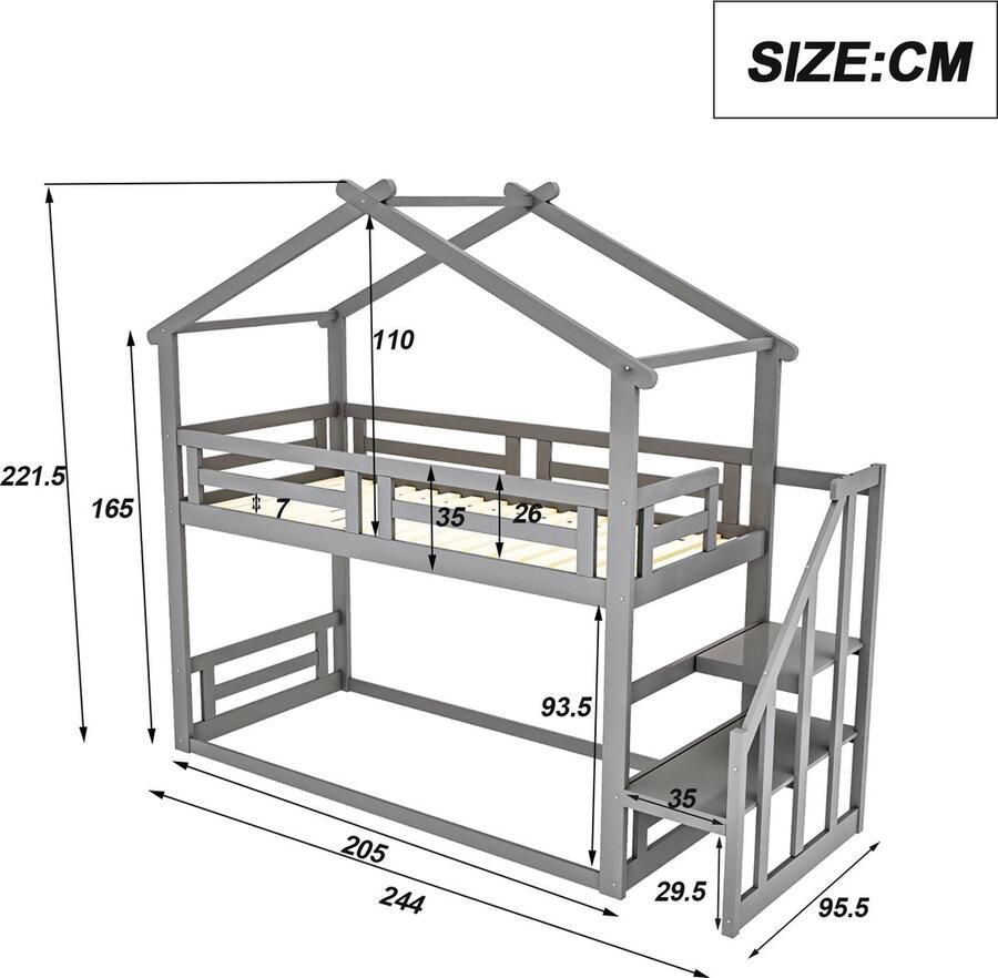 Merax Stapelbed 90x200 cm Hoogslaper met Uitvalbeveiliging Massief Houten Bed Grijs