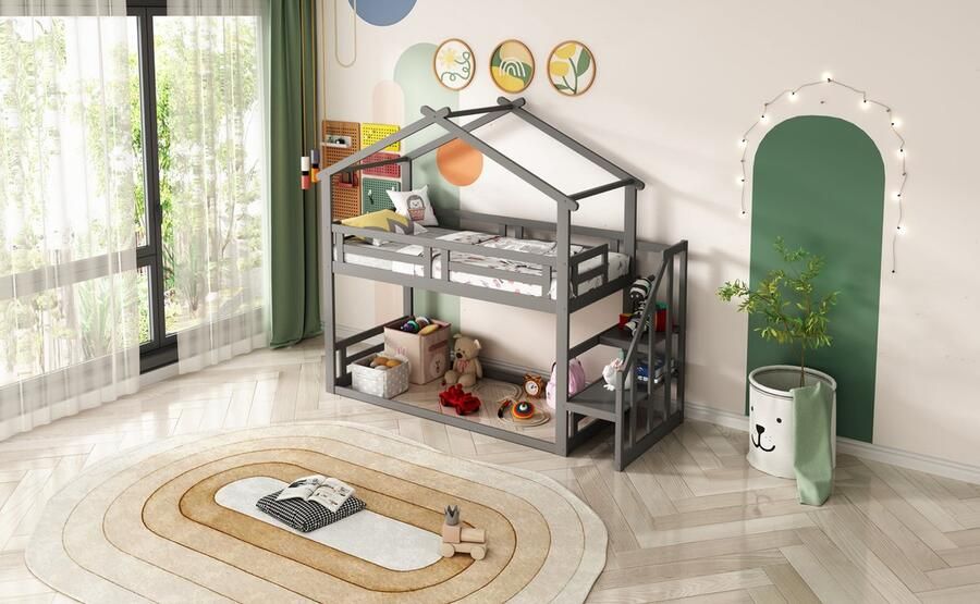 Merax Stapelbed 90x200 cm Hoogslaper met Uitvalbeveiliging Massief Houten Bed Grijs - Foto 2