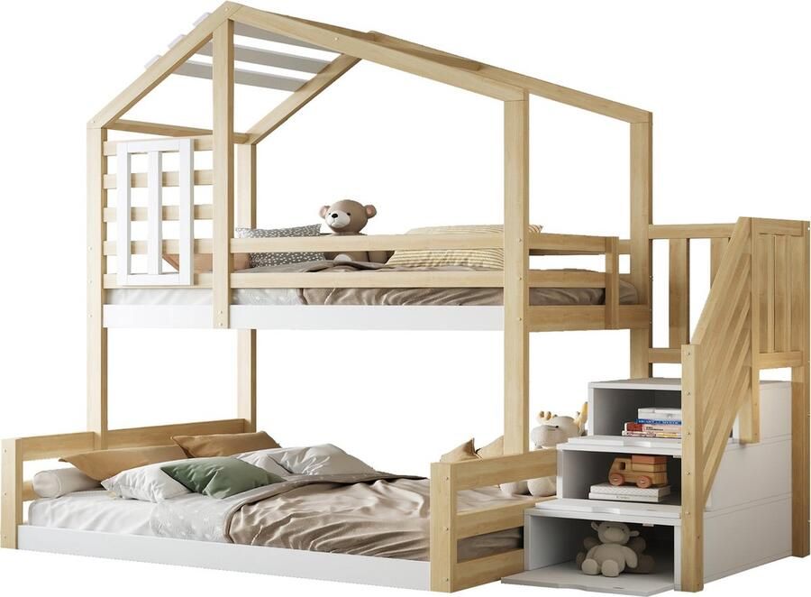 Merax Stapelbed 90x200 cm Houten Bed met Raam Huisvorm Traptrede met Opbergruimte Gelender Natuurlijk Kieferhout