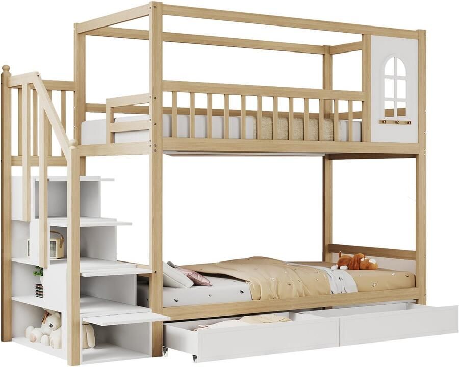 Merax Kinder Stapelbed 90x200 cm Houten Stapelbed met Huisvorm en Ramen Veiligheidshekken Opberglades en Veilige Ladder Geschikt voor Jongens en Meisjes Natuurlijk Hout