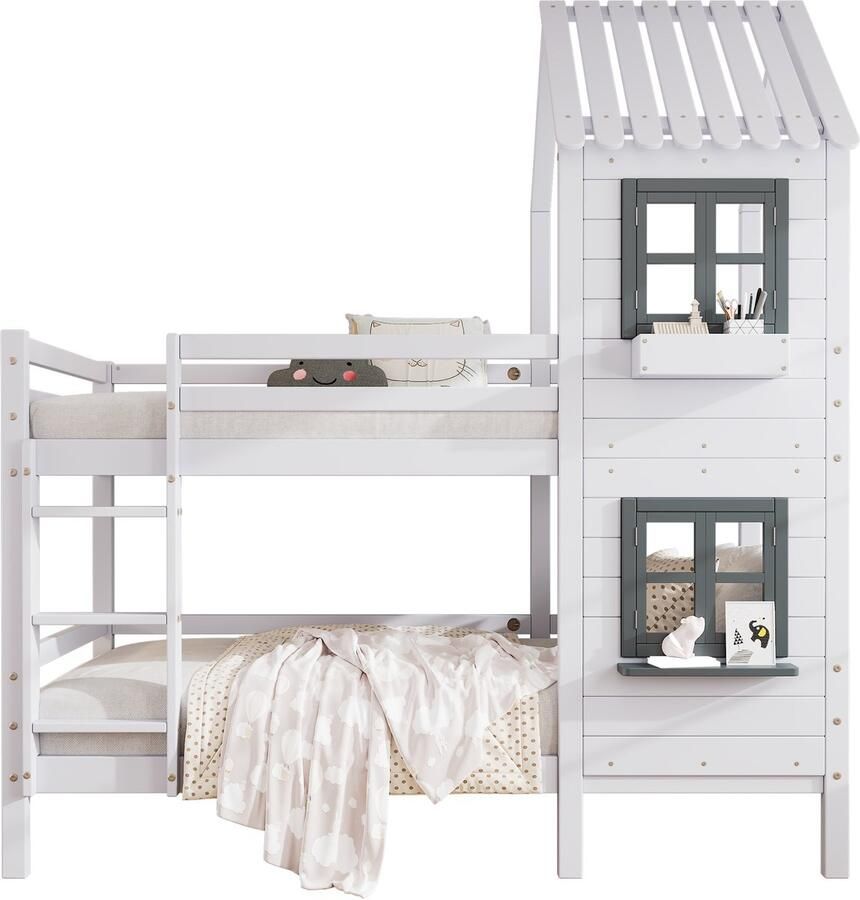 Merax Stapelbed 90x200 cm Huisbed met Raam en Dak Bed voor Kinderen Wit met Grijs - Foto 2
