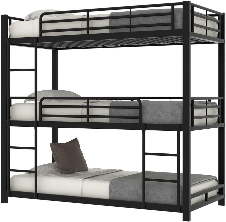 Merax Stapelbed 90x200 cm ijzeren bed kinderen tieners en volwassenen driepersoons stapelbed zwart geen matras