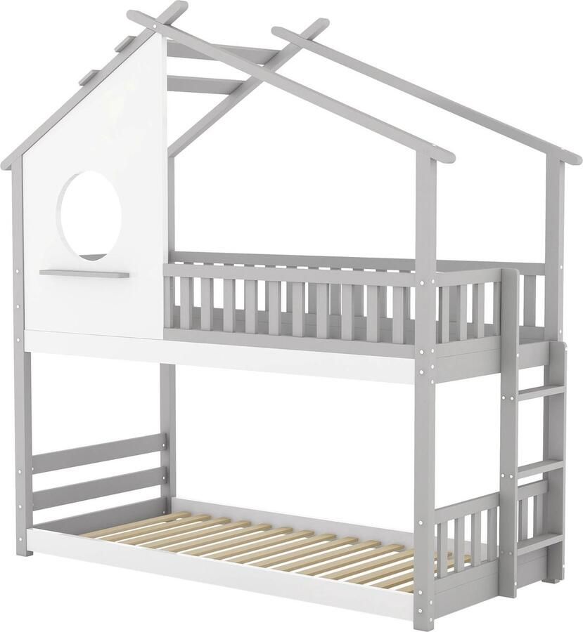 Merax Stapelbed 90x200 cm in Huisvorm Houten Hoogslaper Kinderbed met Dak en Raam Bed met Uitvalbeveiliging Grijs met Wit