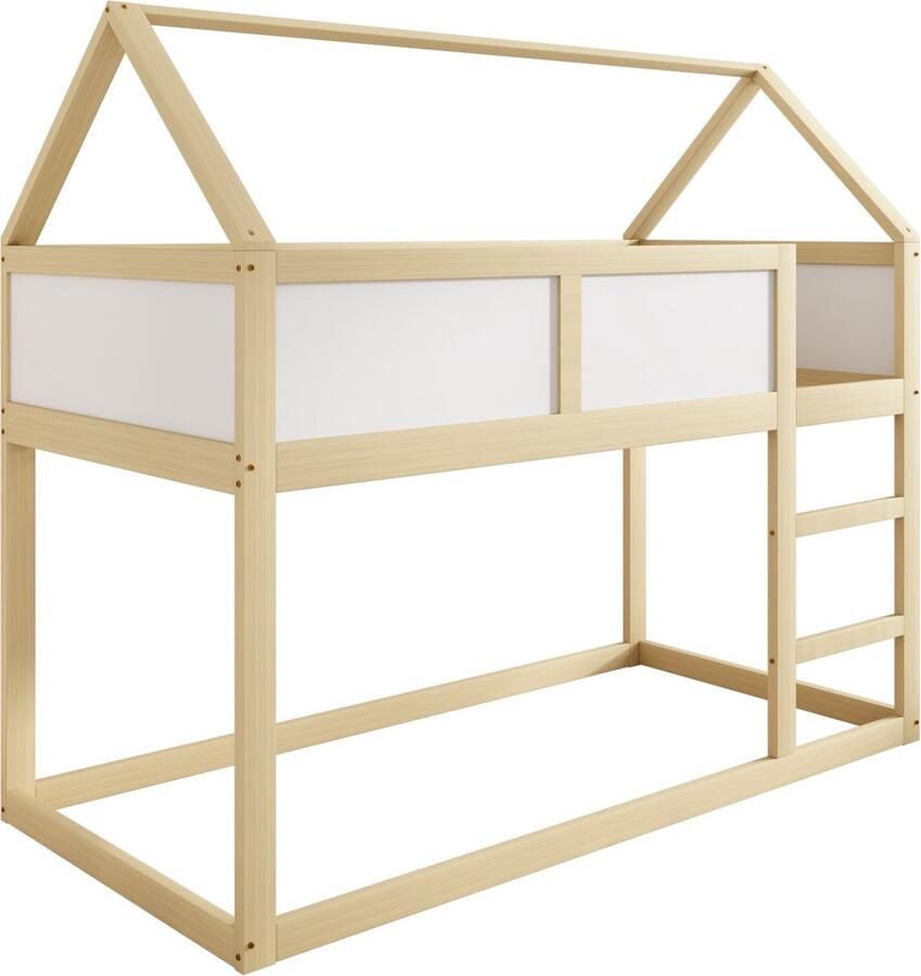 Merax Stapelbed 90x200 cm in Huisvorm Kinderbed Hoogslaper met Trap Massief Houten Bed Naturel Hout Bruin