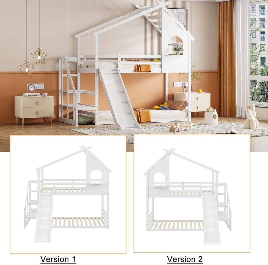 Merax Stapelbed 90x200 cm in Huisvorm met Dak en Raam Massief Houten Kinderbed Hoogslaper met Glijbaan Wit