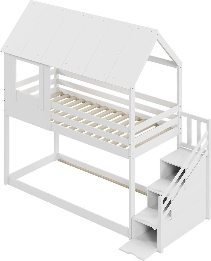 Merax Stapelbed 90x200 cm in Huisvorm met Opbergruimte Huisbed met Dak en Raam Massief Houten Bed voor Kinderen Wit