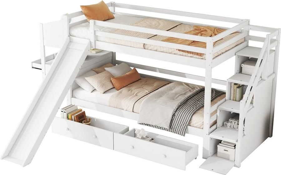 Merax Stapelbed 90x200 cm inclusief Bureau en Opbergruimte Luxe Bed voor 2 Personen met Glijbaan en Trap Wit