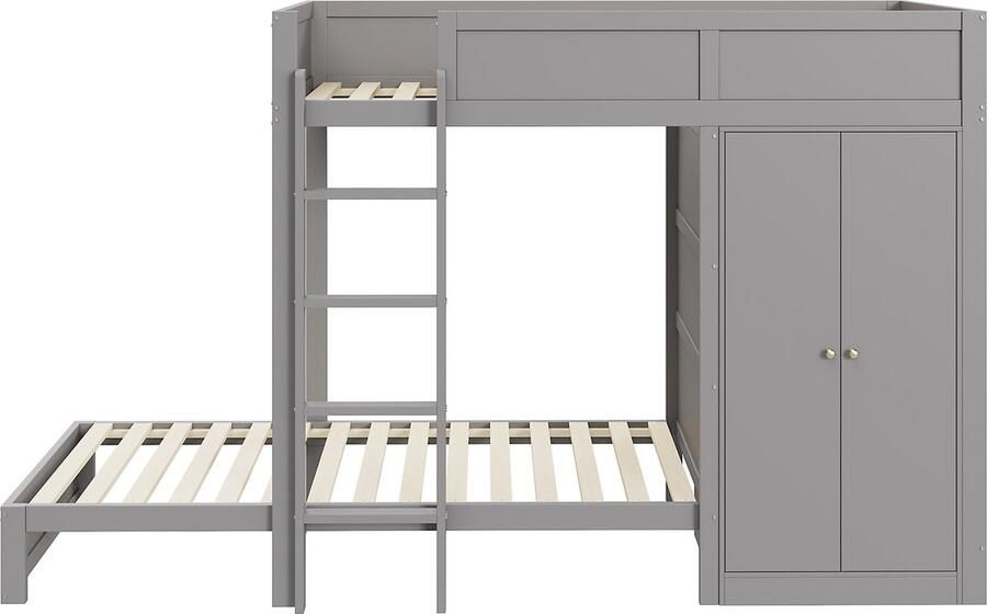 Merax Stapelbed 90x200 cm Ingebouwde Kledingkast – 2 Eenpersoonsbedden met Verticale Trap en Hoog Veiligheidshek – Grijs