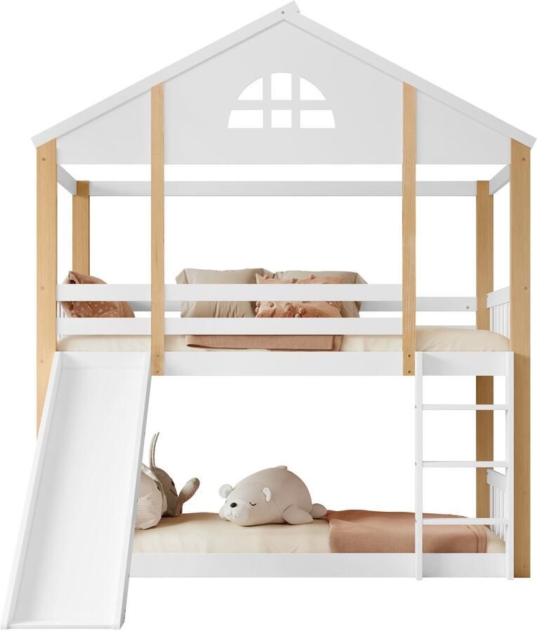 Merax Stapelbed 90x200 cm Kinderbed Huisbed met Uitvalbeveiliging Bed met Glijbaan Wit met Naturel Hout Bruin - Foto 2