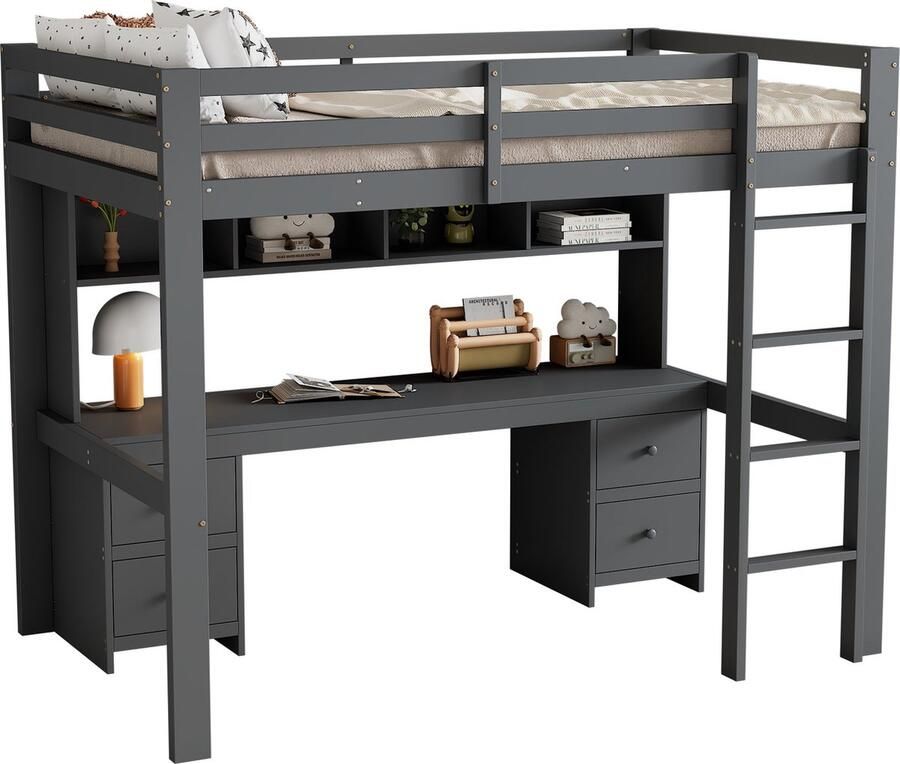 Merax Stapelbed 90x200 cm Kinderbed met Bureau en Opbergruimte Hout en MDF Grijs