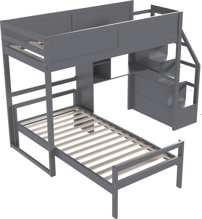 Merax Stapelbed 90x200 cm – Kinderbed met Bureau Opbergruimte en Veiligheidstrap Kiefernhout Grijs