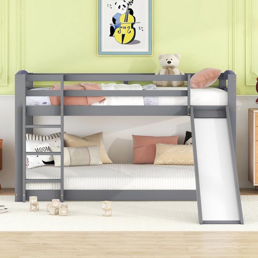 Merax Stapelbed 90x200 cm kinderbed met glijbaan massief houten frame voor kinderen en tieners grijs zonder matras