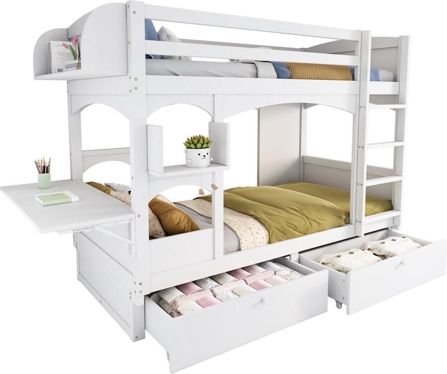 Merax Stapelbed 90x200 cm – Kinderbed met Inklapbaar Bureau – Opberglades & Planken – Massief Hout – Inclusief Lattenbodem – Wit - Foto 2