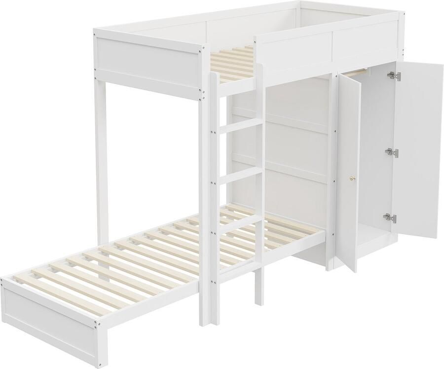 Merax Stapelbed 90x200 cm – Kinderbed met Verticale Veiligheidstrap Kleerkast Hekwerk en Lattenbodem Wit