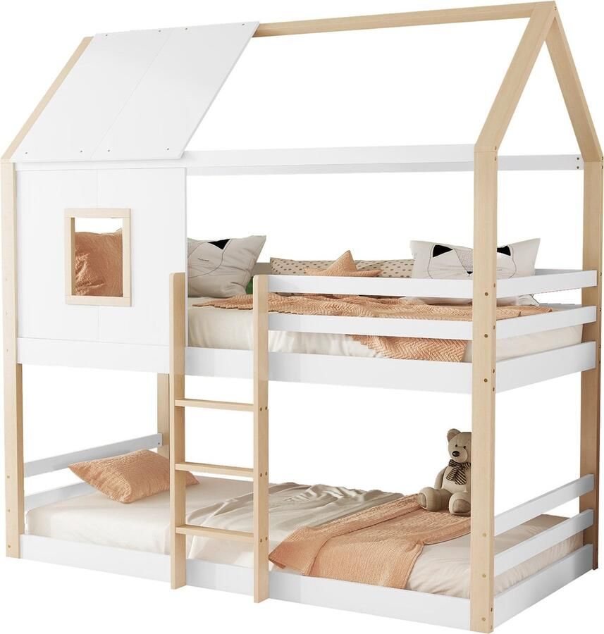 Merax Stapelbed 90x200 cm Kinderbed met Ladder en Venster Inclusief Lattenbodem (Zonder Matras) Massief Hout Minimalistisch Design Naturel